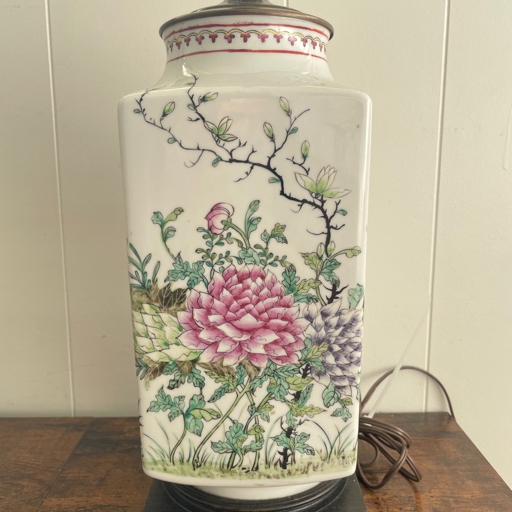 Vintage Famille Rose Porcelain Table Lamp Floral & Butterfly Design Wood Base